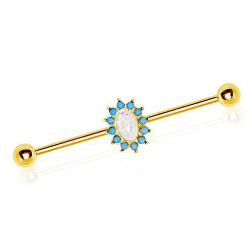 Gold Plated Halo White Synthetic Opal Industrial Barbell - 1 Piece