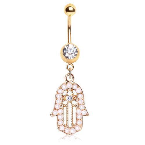 Gold Plated Hamsa Amulet Dangle Navel Ring w/ Pearls