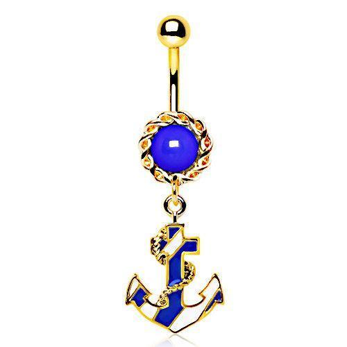 Gold Plated Hooked Blue Anchor Dangle Navel Ring