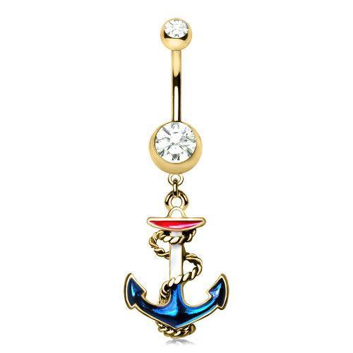 Gold Plated Hooked Vintage Anchor Dangle Navel Ring