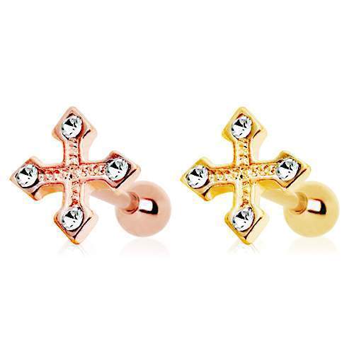 Gold Plated Jeweled Cross Bottony Cartilage Barbell Earring - 1 Piece