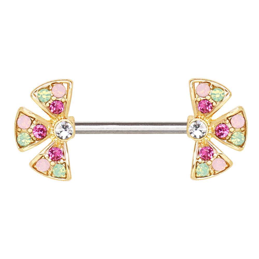 Gold Jeweled Fan Shaped Flower Nipple Barbell - 1 Piece