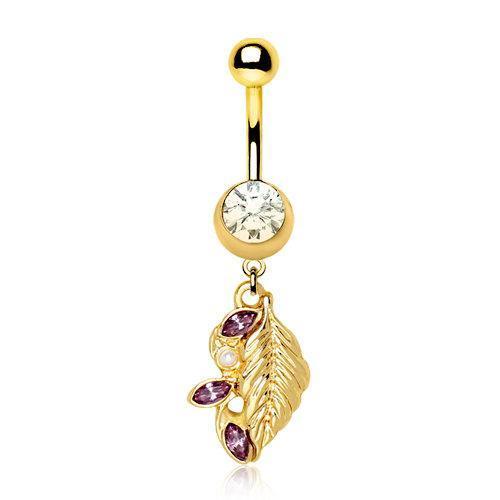 Gold Plated Jeweled Fantasy Leaf Dangle Navel Ring