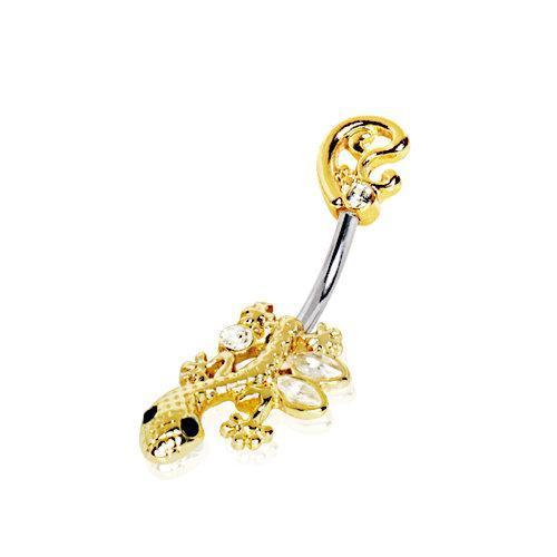 Gold Plated Jeweled Filigree Gecko Navel Ring