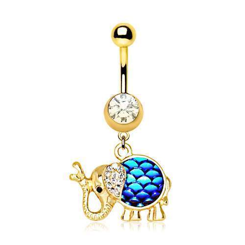 Gold Plated Jeweled Golden Elephant Dangle Navel Ring