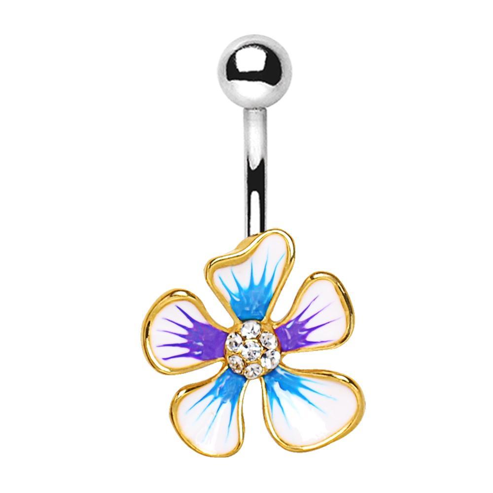 Gold Plated Jeweled Hibiscus Flower Navel Ring