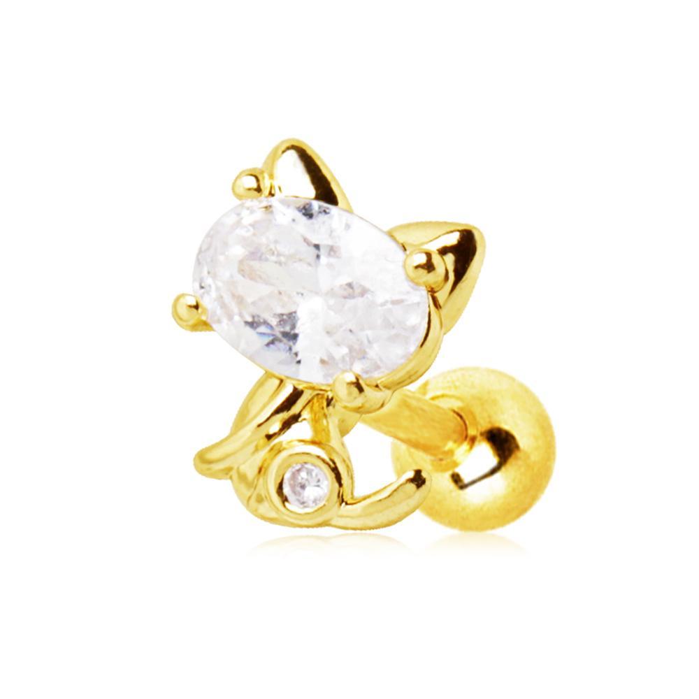 Gold Plated Jeweled Kitty Cat Cartilage Barbell Earring - 1 Piece