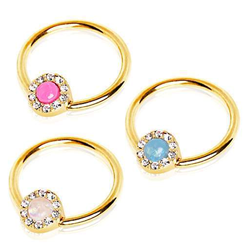 Gold Plated Jeweled Synthetic Opal Captive Bead Ring Nipple Jewelry - 1 Piece