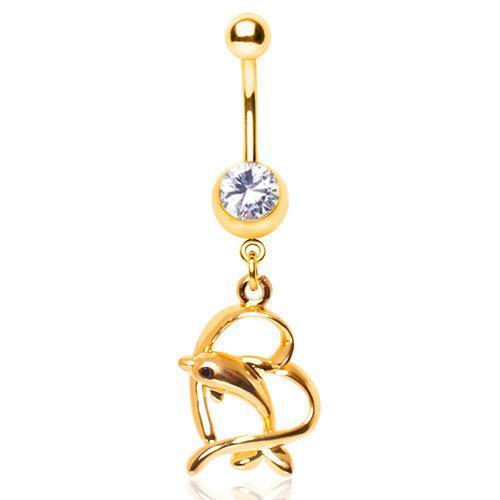 Gold Plated Leaping Dolphin and Heart Dangle Navel Ring