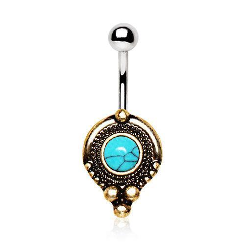 Gold Plated Medieval Style Navel Ring w/ Turquoise Stone
