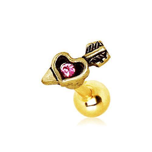 Gold Plated Mini Arrowed Heart Cartilage Barbell Earring - 1 Piece