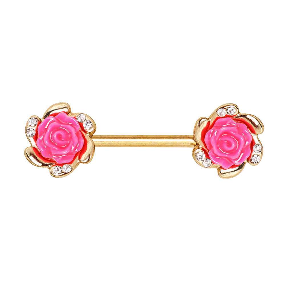 Gold Plated Multi-Clear CZ Pink Rose Nipple Bar - 1 Piece