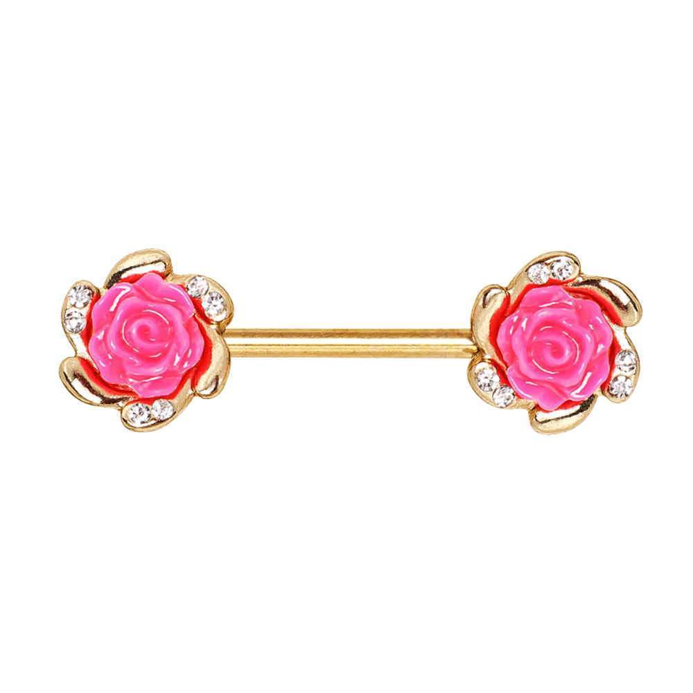 Gold Multi-Clear CZ Pink Rose Nipple Barbell - 1 Piece