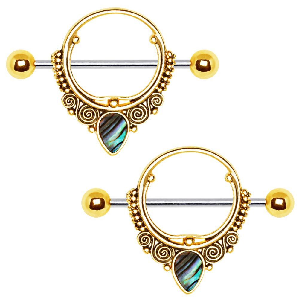 Gold Ornate Nipple Shield Jewelry Tear Drop Abalone - 1 Piece