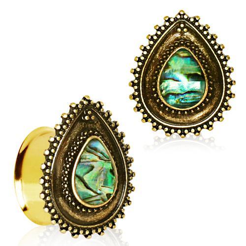 Gold Plated Ornate Teardrop Plugs w/ Abalone Inlay - 1 Piece