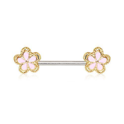Gold Pink Flower Nipple Barbell - 1 Piece