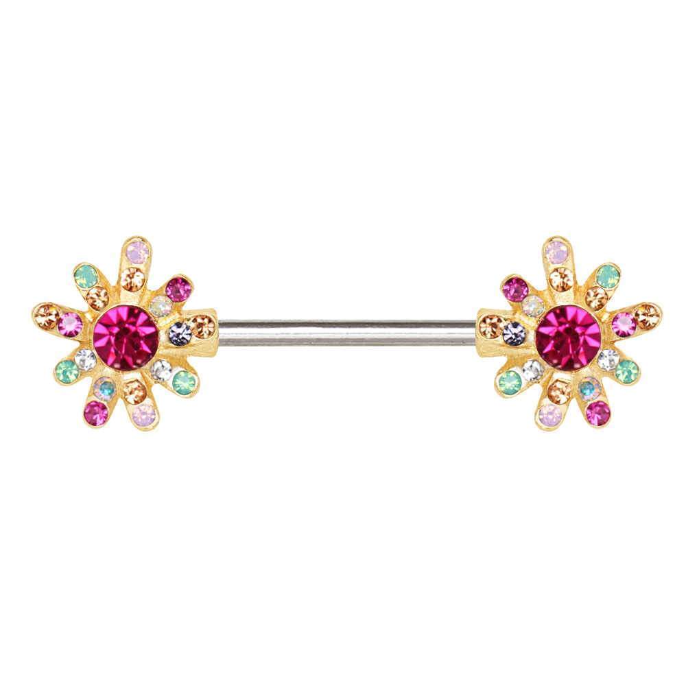 Gold Rainbow CZ Flower Nipple Barbell - 1 Piece
