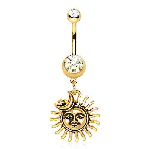 Gold Plated Sun Moon Star Dangle Navel Ring