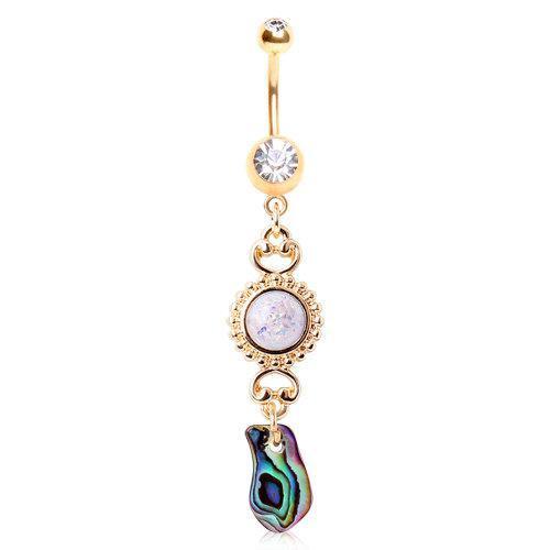 Gold Plated Sunburst Navel Ring w/ Synthetic Opal and Abalone