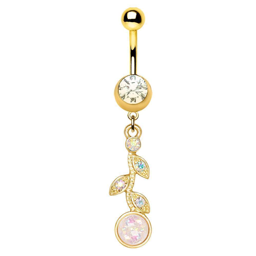 Gold Plated Synthetic Opal Flower Vine Dangle Navel Ring
