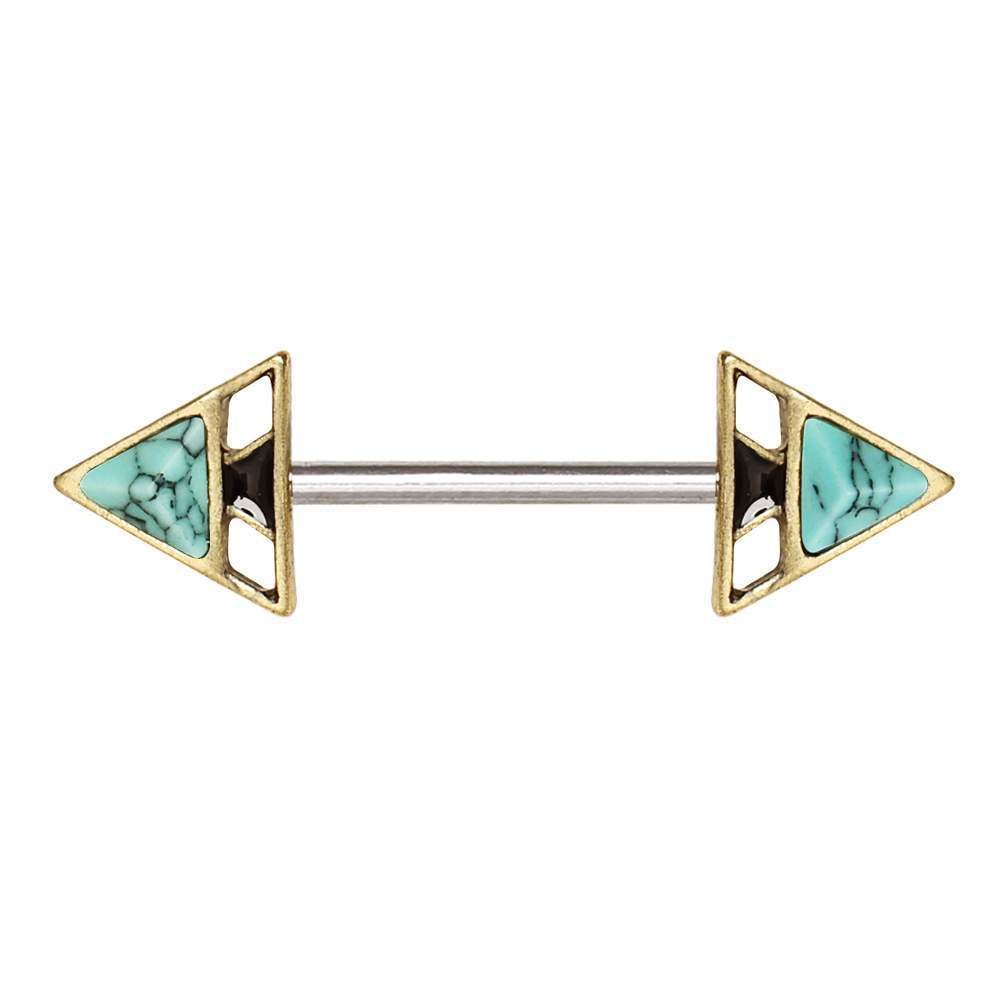 Gold Turquoise Triangle Pyramid Nipple Barbell - 1 Piece