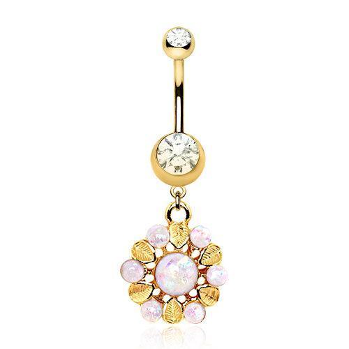 Gold Plated White Synthetic Opal Lavish Blossom Dangle Navel Ring