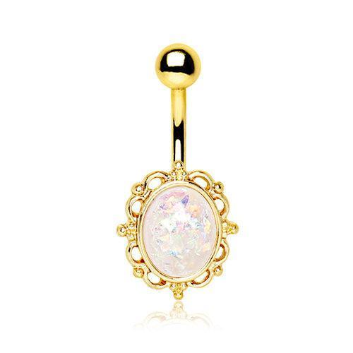Gold Plated White Synthetic Opal Ornate Charm Navel Ring