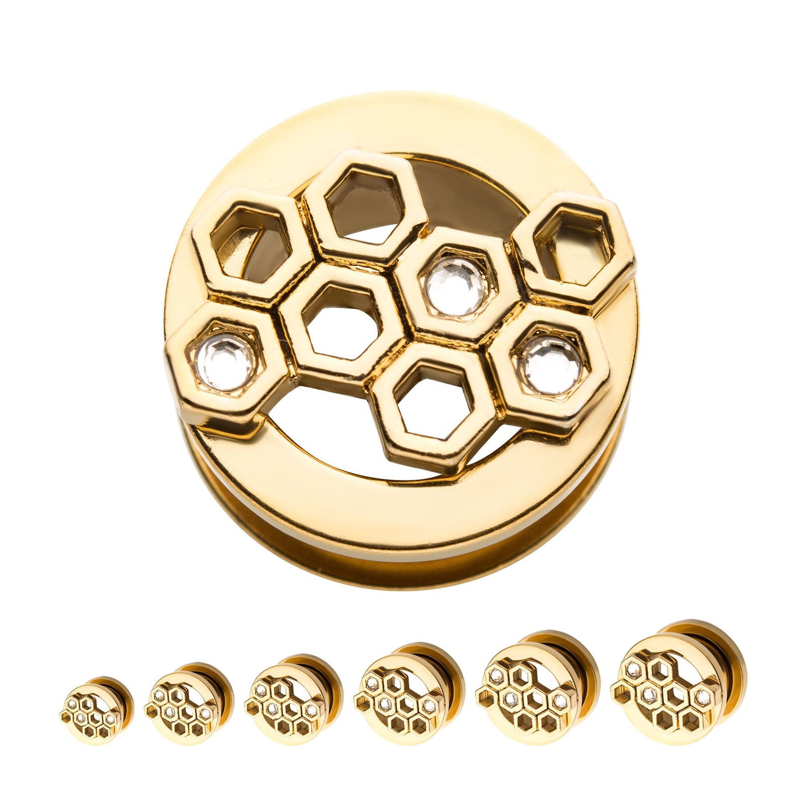 TBD-Plugs Gold PVD 3-Clear CZ Cut Out Honeycomb Screw Fit Plug -Rebel Bod-RebelBod