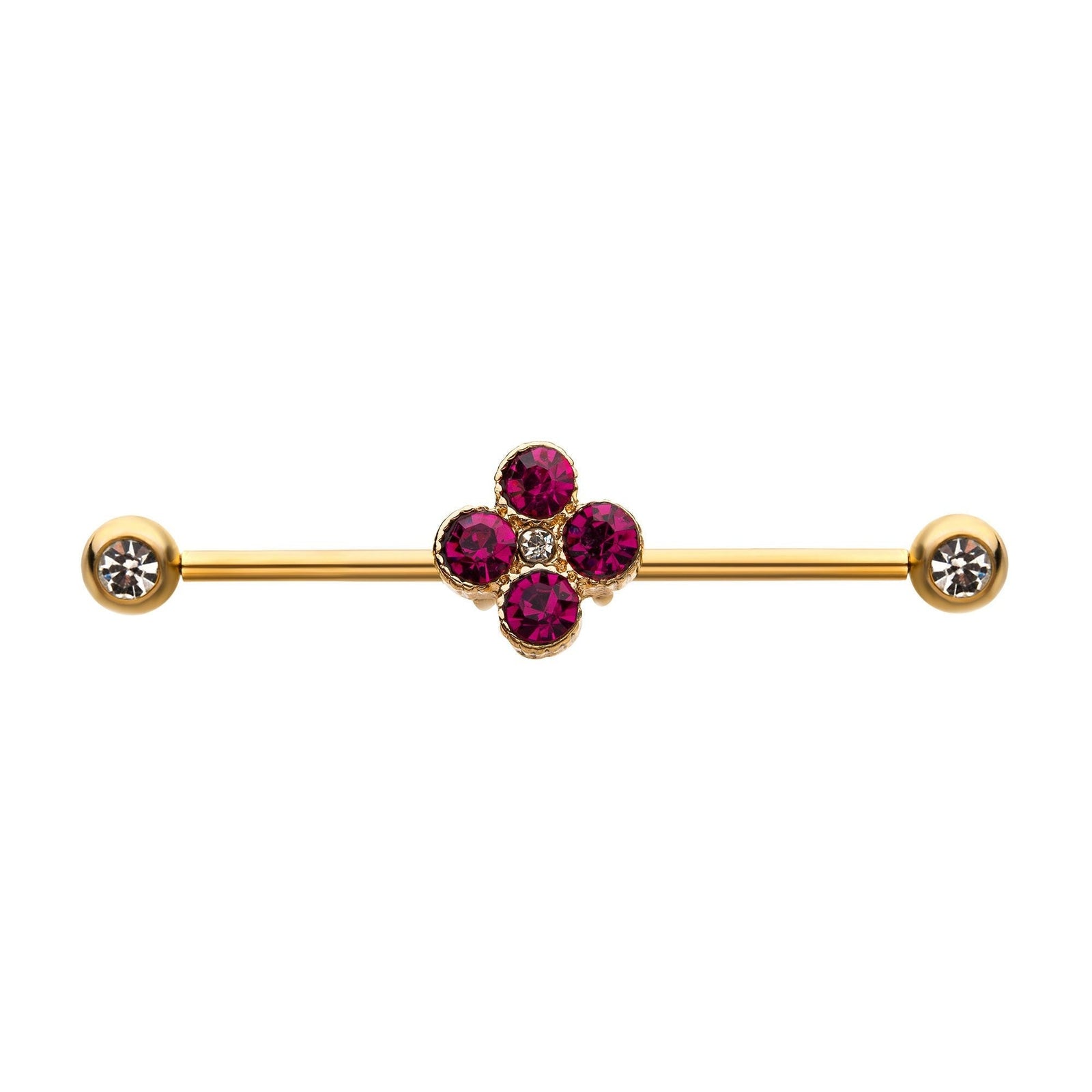 Indistrial Barbell Gold PVD 4 Pink Gem Cluster Industrial Barbell -Rebel Bod-RebelBod