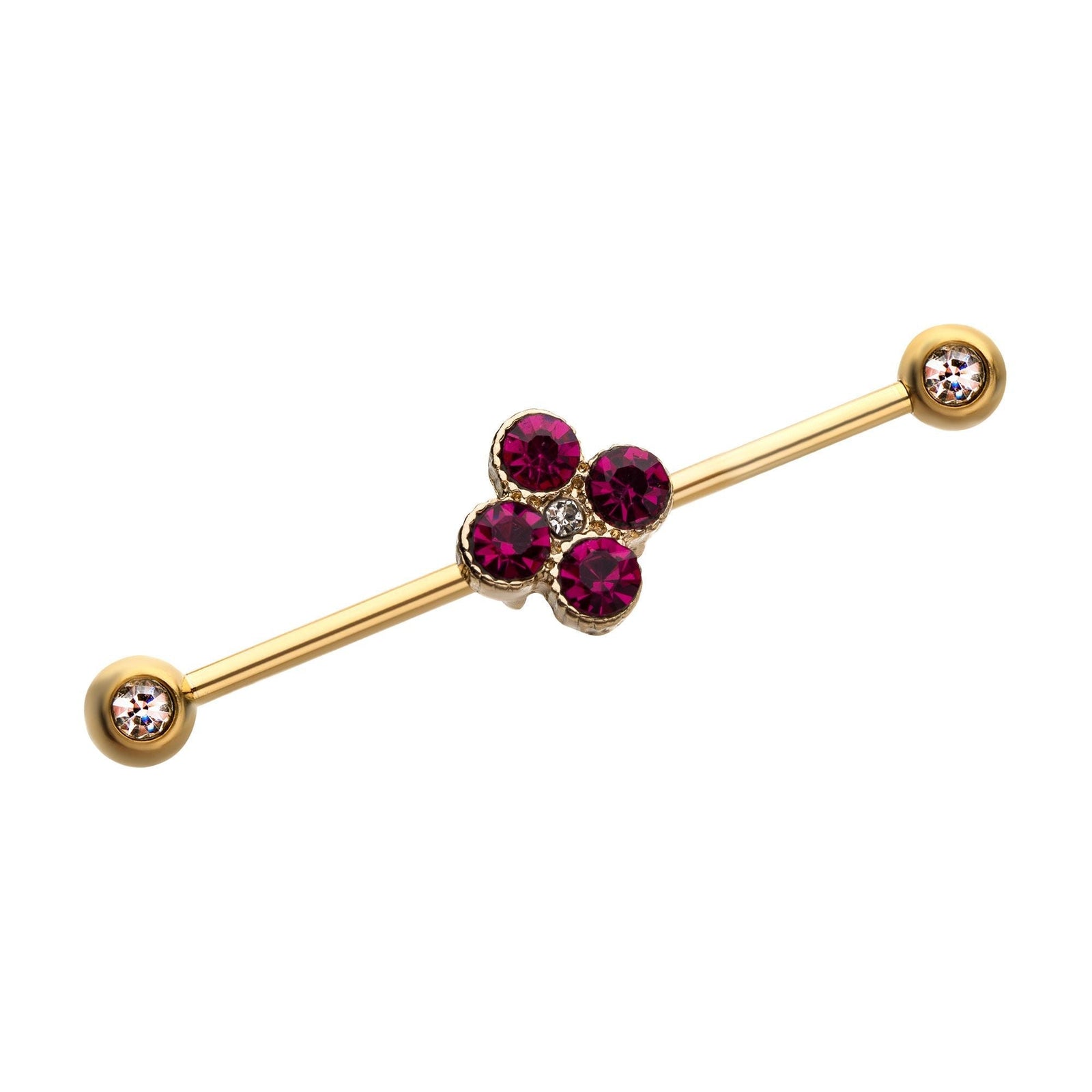 Indistrial Barbell Gold PVD 4 Pink Gem Cluster Industrial Barbell -Rebel Bod-RebelBod