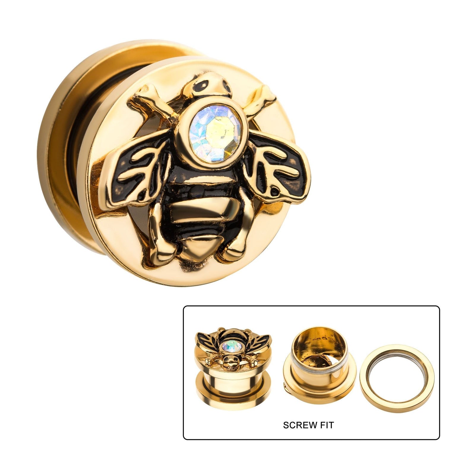 TBD-Plugs Gold PVD Aurora Borealis CZ Cut Out Bee Screw Fit Plug -Rebel Bod-RebelBod