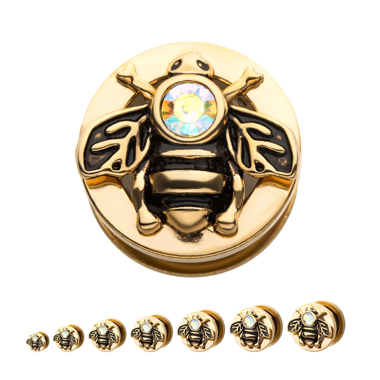 TBD-Plugs Gold PVD Aurora Borealis CZ Cut Out Bee Screw Fit Plug -Rebel Bod-RebelBod