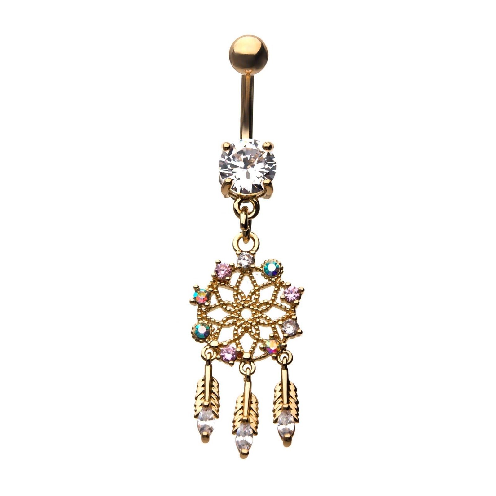 TBD-Belly Gold PVD Aurora Borealis Light Pink AB Aqua CZ Gem Mandala Dream Catcher Three Feather Dangles -Rebel Bod-RebelBod