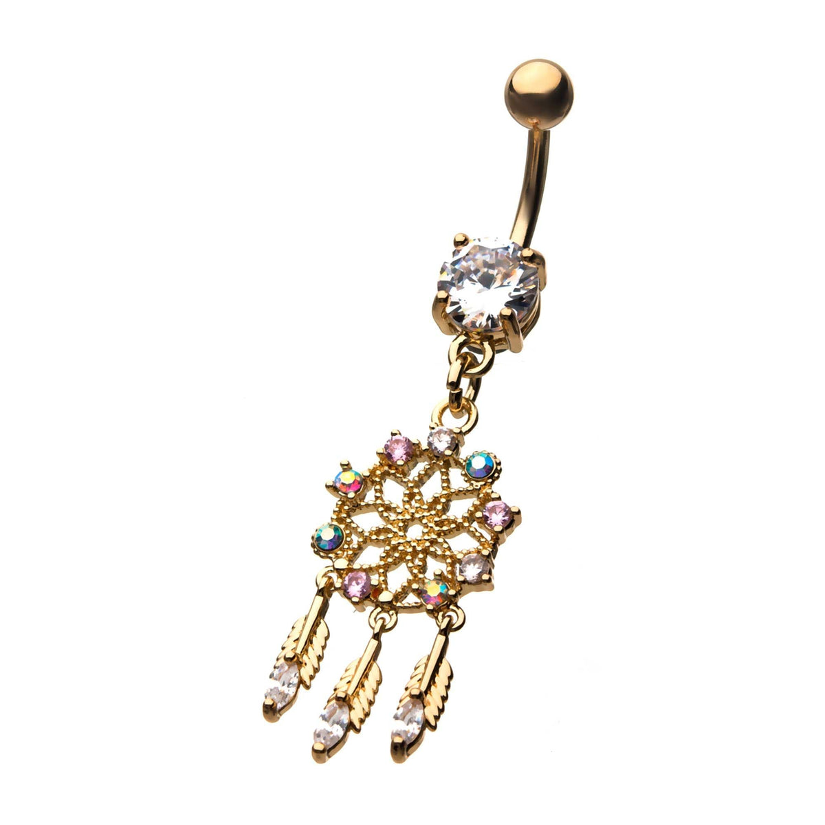 TBD-Belly Gold PVD Aurora Borealis Light Pink AB Aqua CZ Gem Mandala Dream Catcher Three Feather Dangles -Rebel Bod-RebelBod