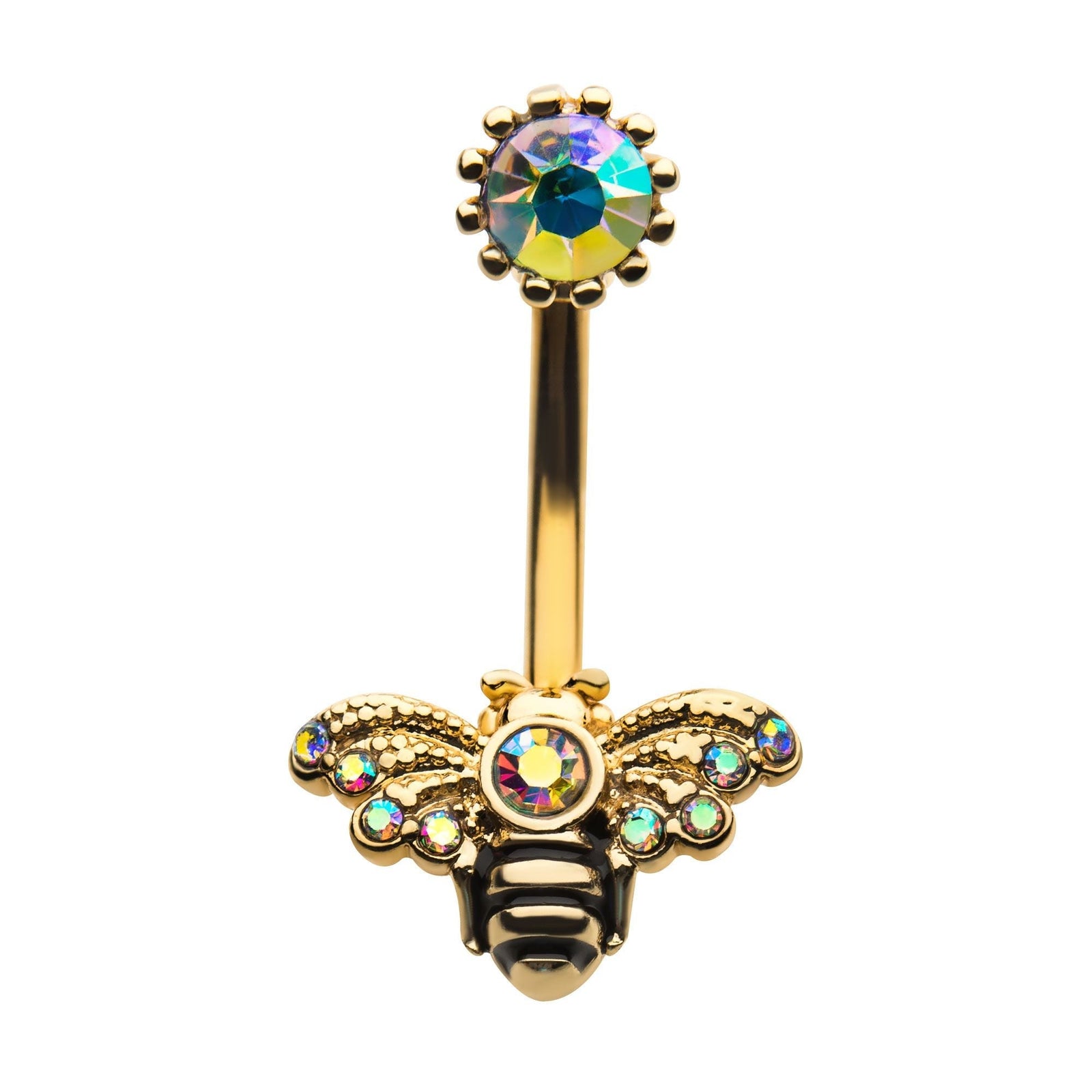 TBD-Belly Gold PVD Aurora Borealiz CZ Crown Set Top Bee Fixed Navel -Rebel Bod-RebelBod