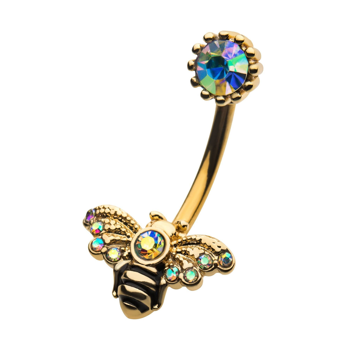 TBD-Belly Gold PVD Aurora Borealiz CZ Crown Set Top Bee Fixed Navel -Rebel Bod-RebelBod