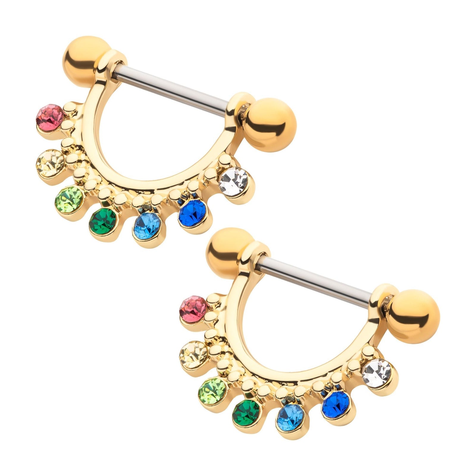 TBD-Nipple Gold PVD Beads Rainbow CZ Nipple Barbell Stirrup Jewelry -Rebel Bod-RebelBod