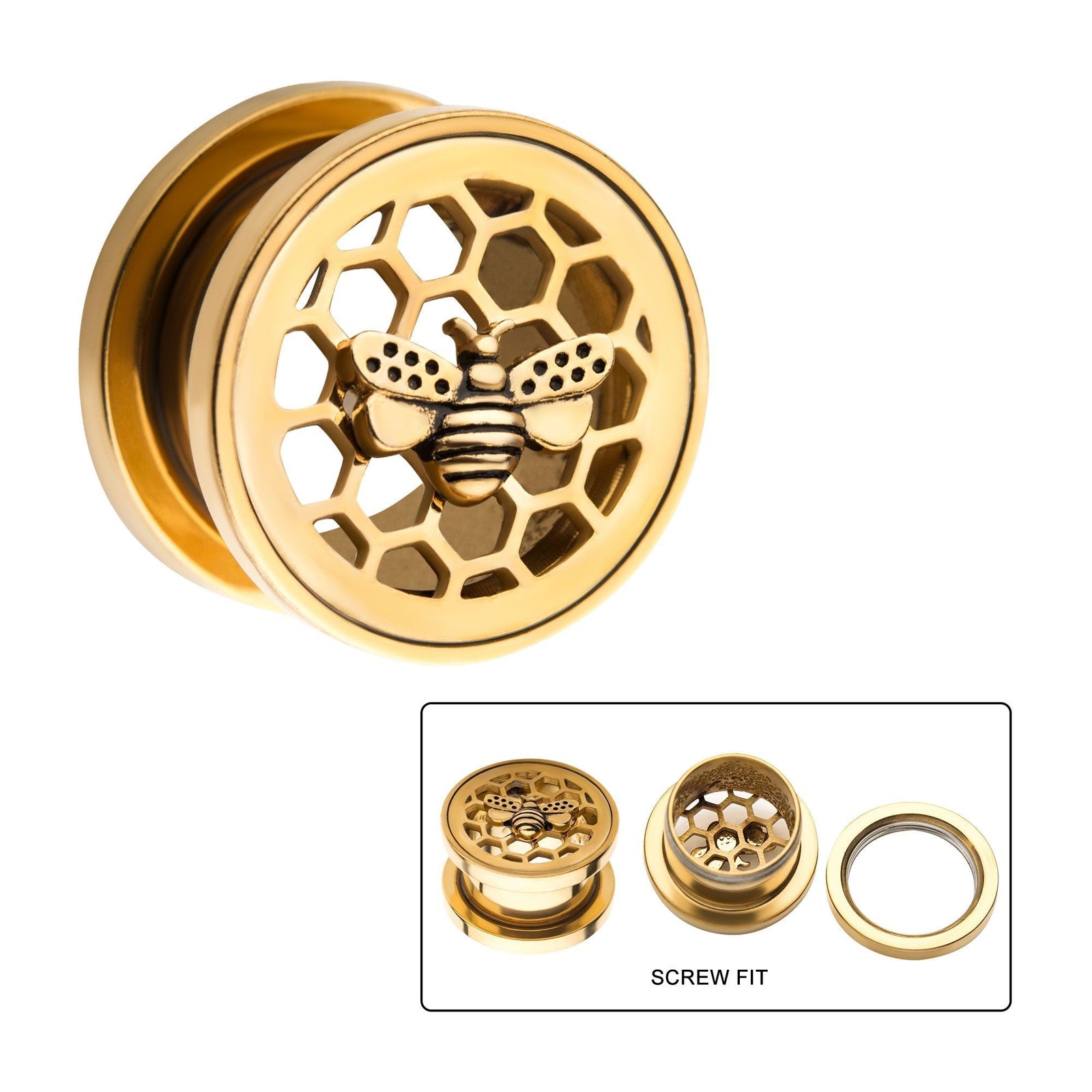 Gold PVD Bee Cut Out Honeycomb Screw Fit Double Flared Ear Gauge