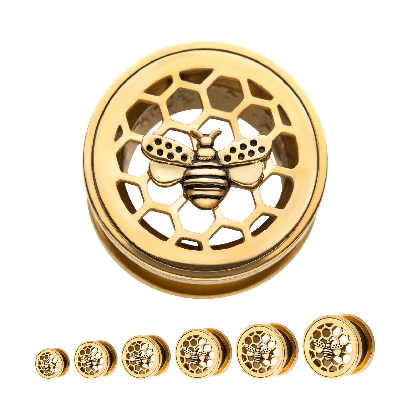 TBD-Plugs Gold PVD Bee Cut Out Honeycomb Screw Fit Plug -Rebel Bod-RebelBod