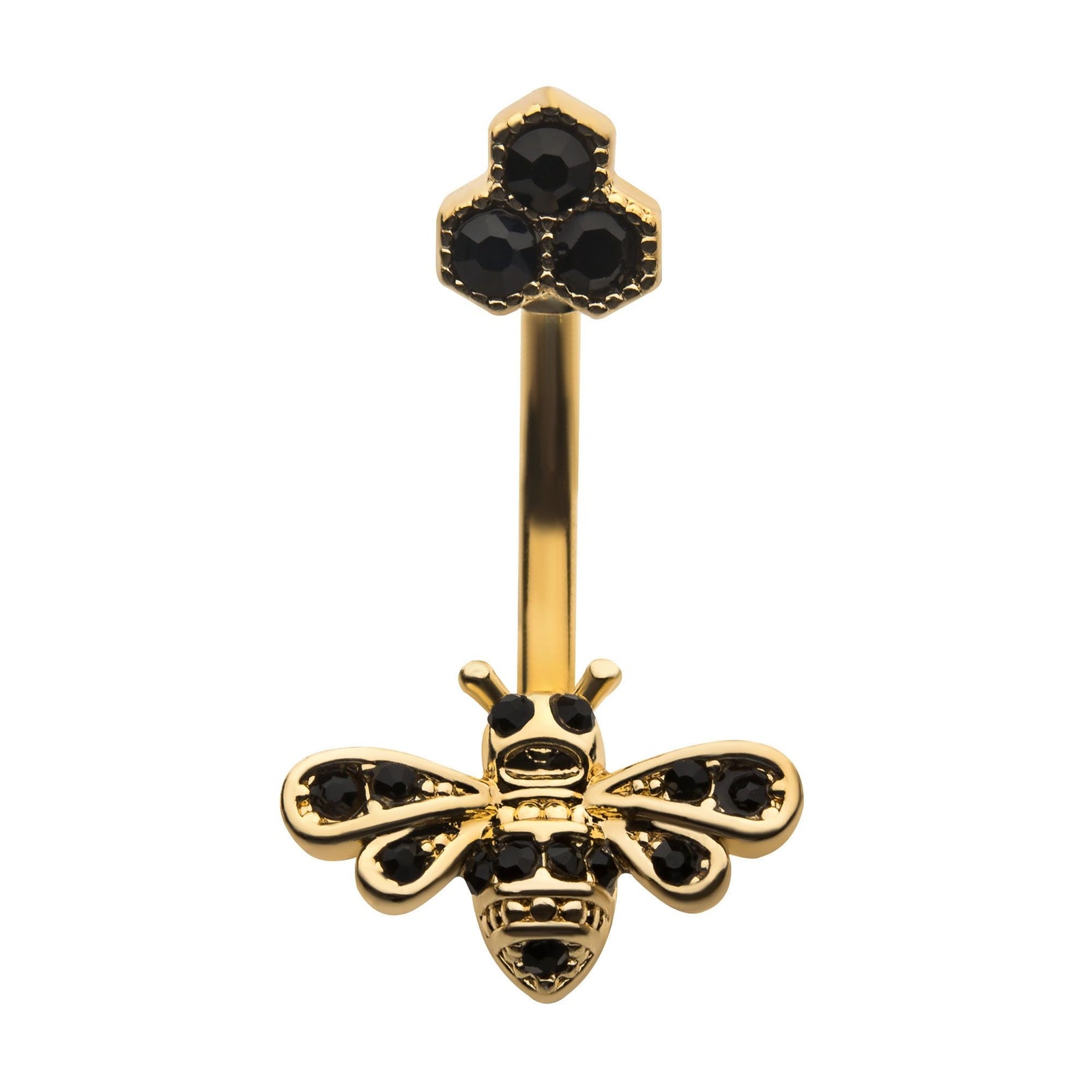 Belly Gold PVD Black CZ Honeycomb Bee Fixed Navel bna2063gp -Rebel Bod-RebelBod