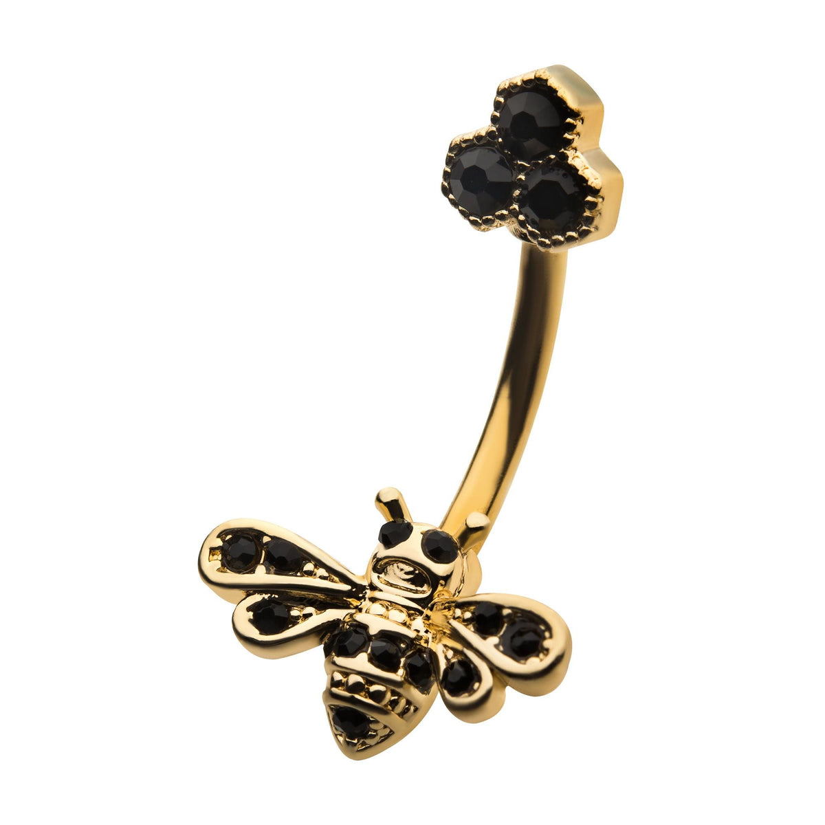Belly Gold PVD Black CZ Honeycomb Bee Fixed Navel bna2063gp -Rebel Bod-RebelBod