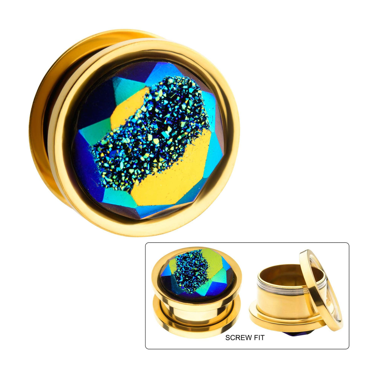 TBD-Plugs Gold PVD Blue Aurora Borealis Druzy Stone Screw Fit Plug -Rebel Bod-RebelBod