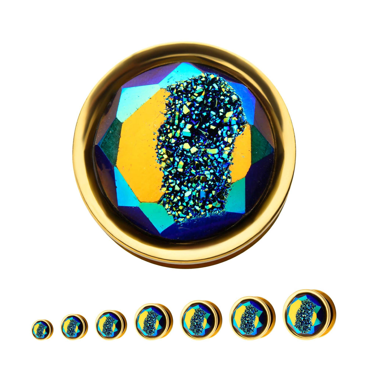 TBD-Plugs Gold PVD Blue Aurora Borealis Druzy Stone Screw Fit Plug -Rebel Bod-RebelBod