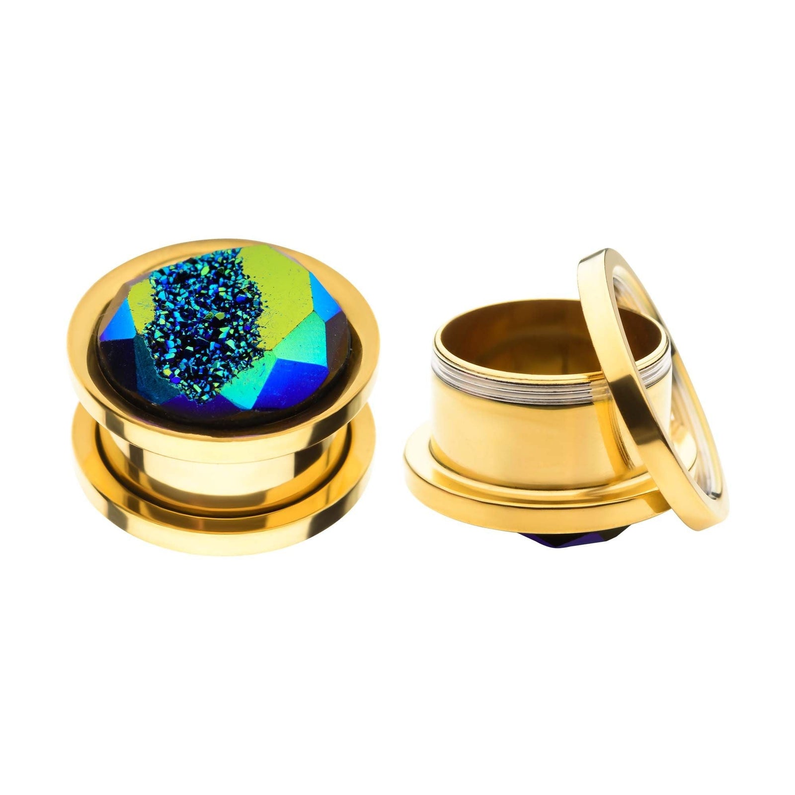 TBD-Plugs Gold PVD Blue Aurora Borealis Druzy Stone Screw Fit Plug -Rebel Bod-RebelBod