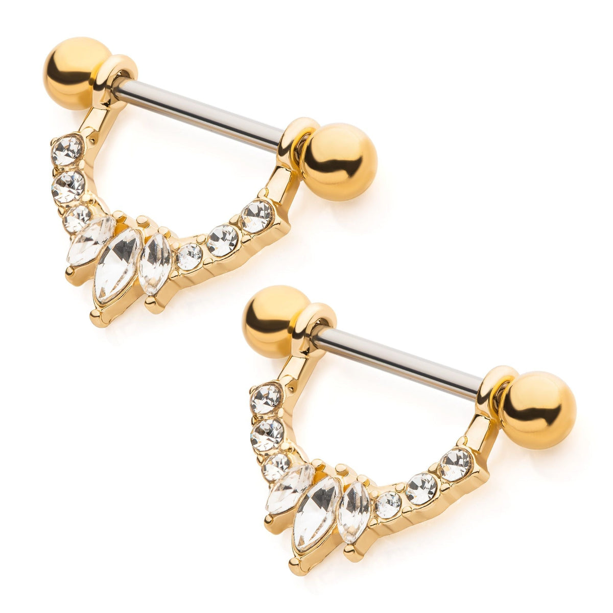 TBD-Nipple Gold PVD Clustered Round Marquise CZ Nipple Barbell Stirrup Jewelry -Rebel Bod-RebelBod