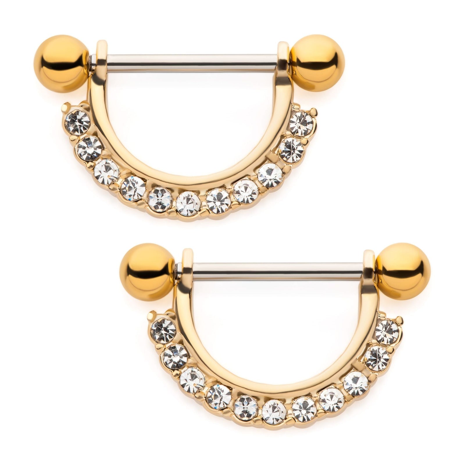 TBD-Nipple Gold PVD CNC Set Full Clear CZ Nipple Barbell Stirrup Jewelry -Rebel Bod-RebelBod