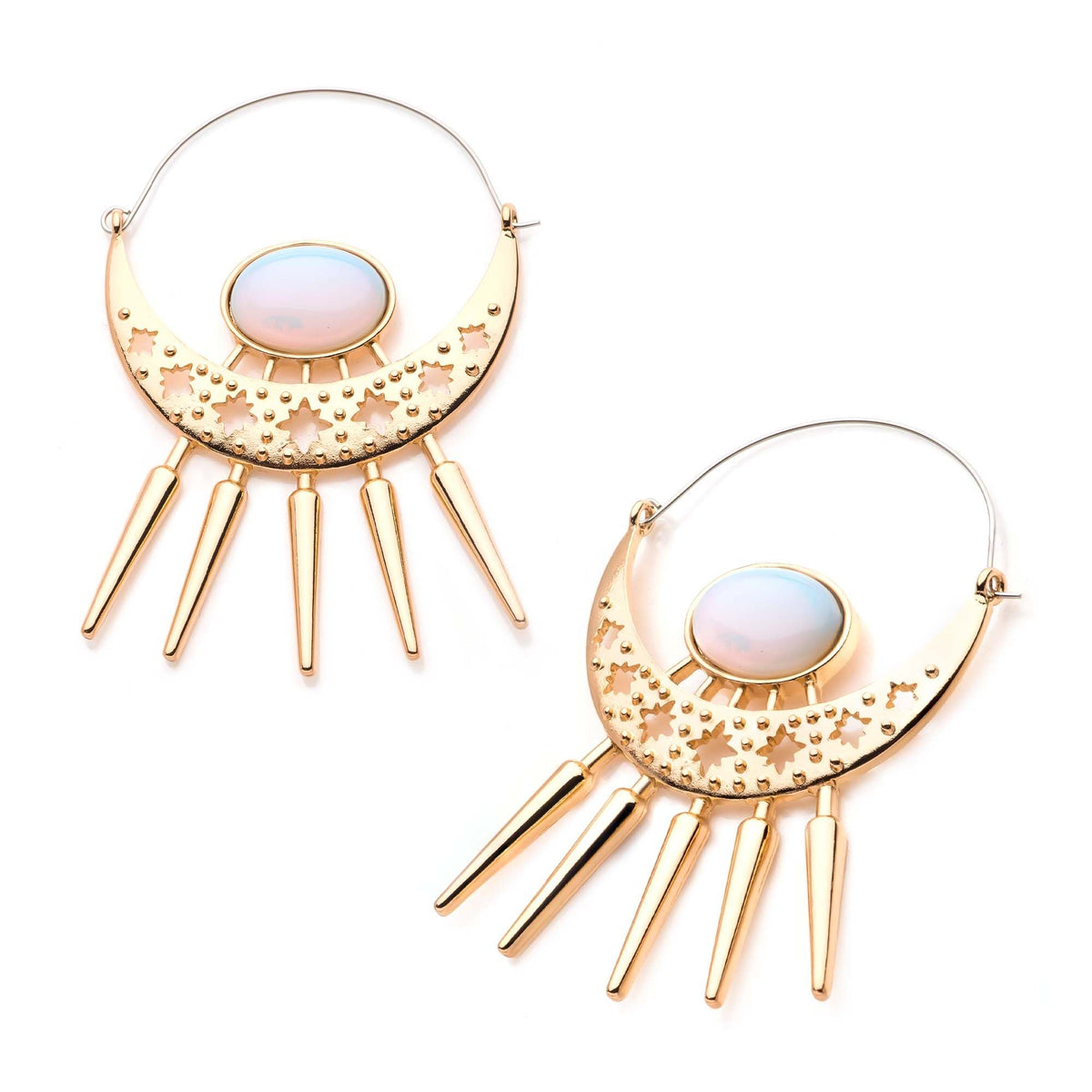 Tapers - Hanging Gold PVD Crescent Moon White Opalite Stone Spikes Plug Hoops -Rebel Bod-RebelBod