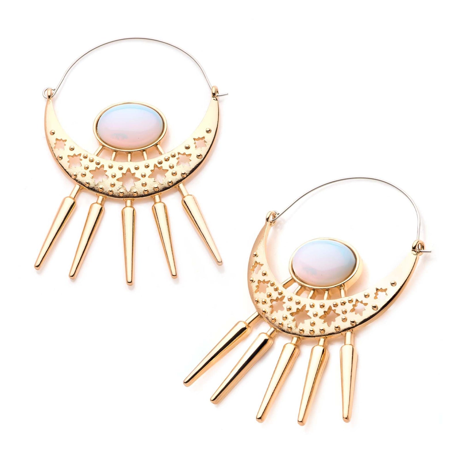 Tapers - Hanging Gold PVD Crescent Moon White Opalite Stone Spikes Plug Hoops -Rebel Bod-RebelBod