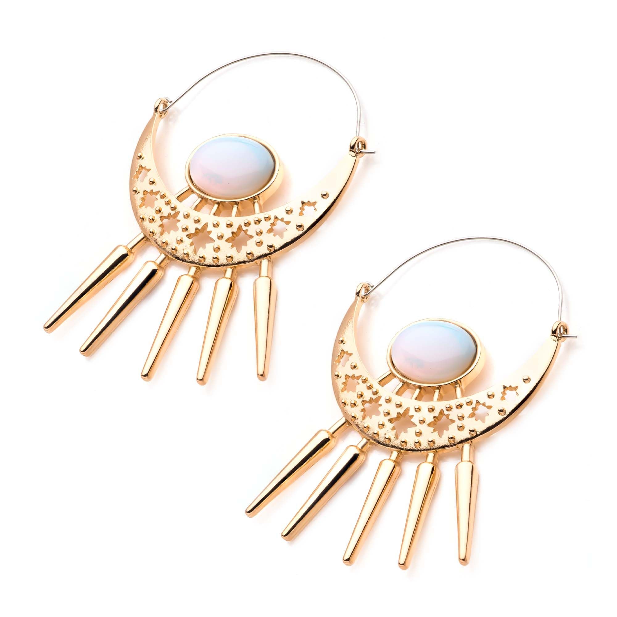 Tapers - Hanging Gold PVD Crescent Moon White Opalite Stone Spikes Plug Hoops -Rebel Bod-RebelBod