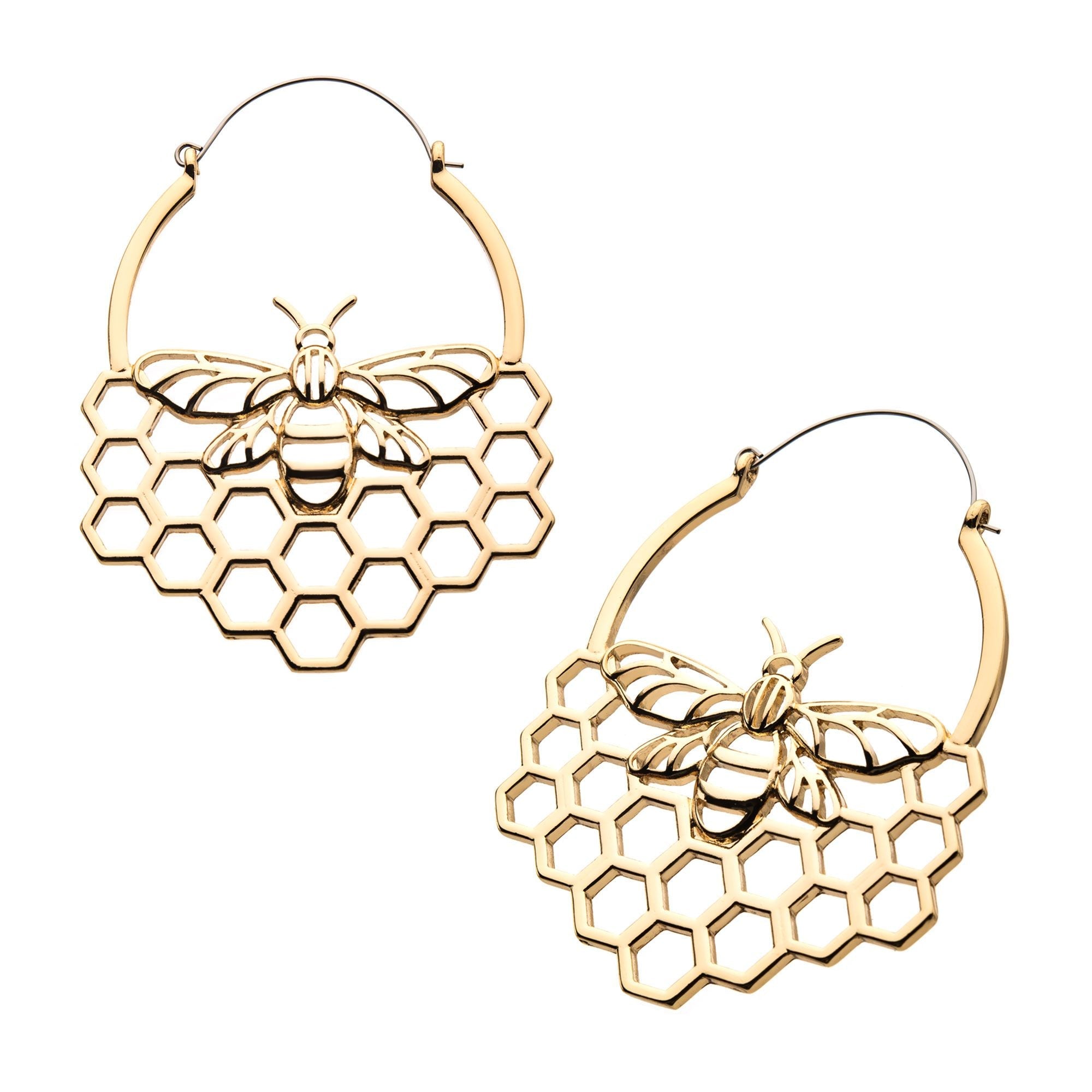 Tapers - Hanging Gold PVD Cut Out Bee in Beecom Plug Hoops -Rebel Bod-RebelBod